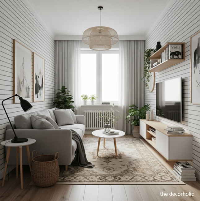 small-living-room-with-horizontal-wallpaper-lines-to-make-it-look-bigger