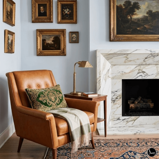 how to style an accent chair next to fireplace