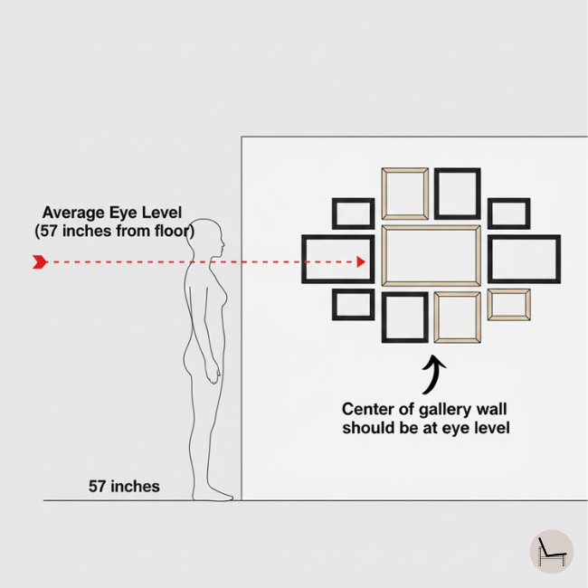 Gallery wall 57 inch eye level rule diagram showing proper hanging height relative to average human height
