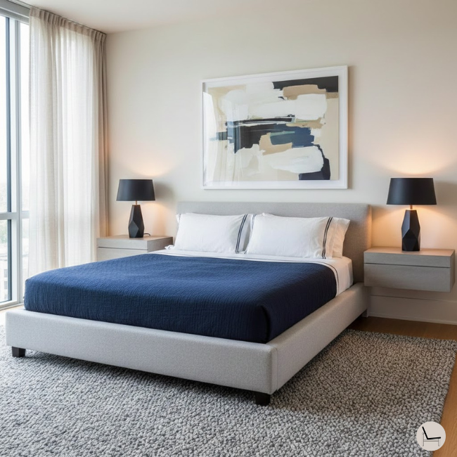 Modern bachelor pad bedroom ideas with layered lighting and hotel-quality bedding