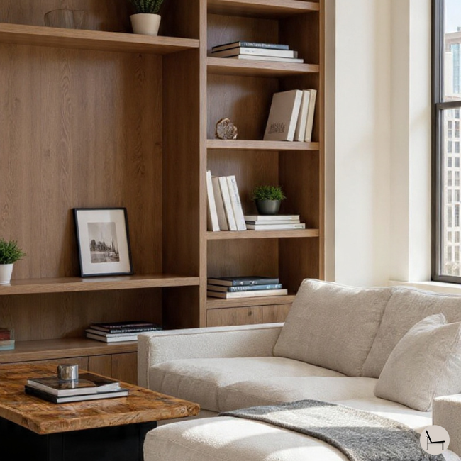 Modern bachelor pad decor styling with curated bookshelf arrangement]