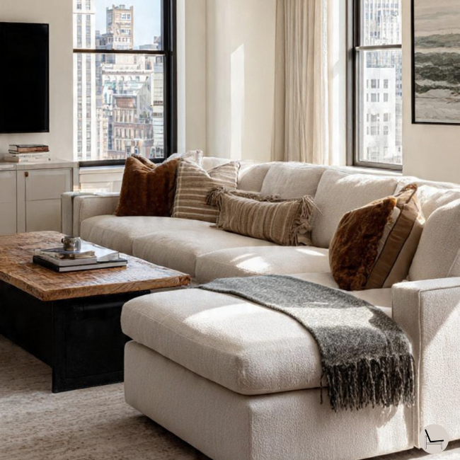 Bachelor pad living room furniture layout with optimal conversation seating arrangement