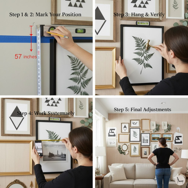 installation steps and process to make a gallery wall and hang art on wall