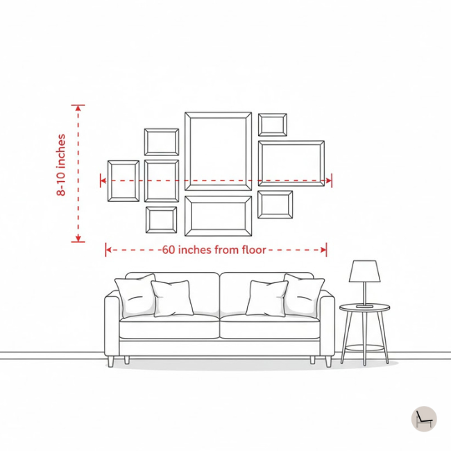 Gallery wall placement guide showing recommended positioning above sofa with measurement guidelines