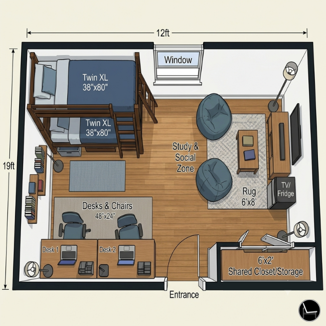 dorm room layout guide showing Twin XL bed placement and rug sizing
