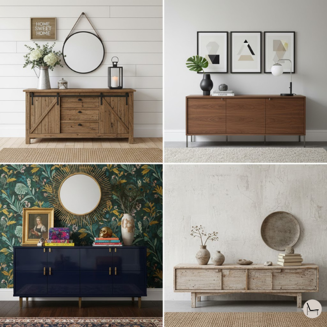 credenza styling tricks in different decor styles, modern, farmhouse, chic eclectic and wabi sabi