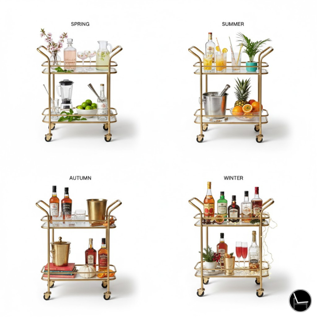 how to style a bar cart for each season of the year. summer, fall, winter and spring