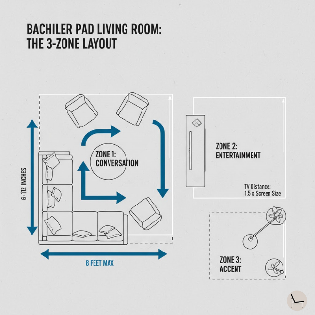 bachelor pad living room layout zones conversation entertainment accent