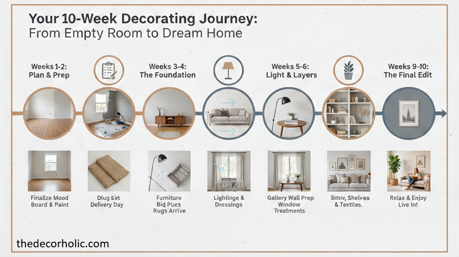 Step-by-step decorating plan implementation timeline showing room transformation from prep to completion