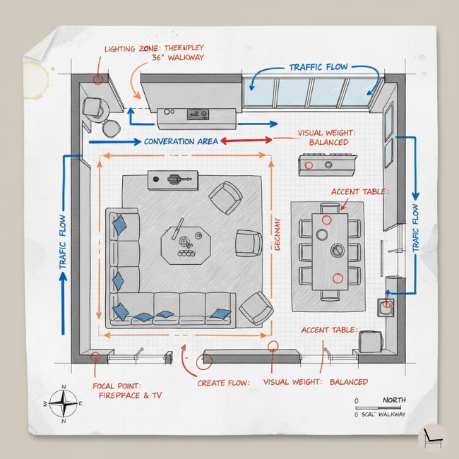 Interior design layout plan showing furniture placement and traffic flow for decorating plan