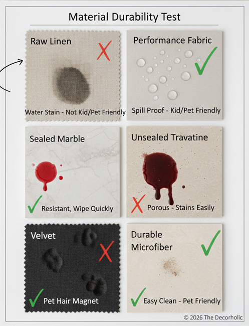 Interior design material durability comparison showing stain resistance and maintenance requirements