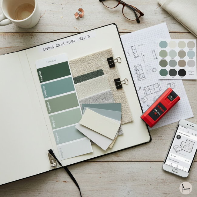 Interior design planning toolkit with paint samples, fabric swatches, and room layout templates for decorating plan