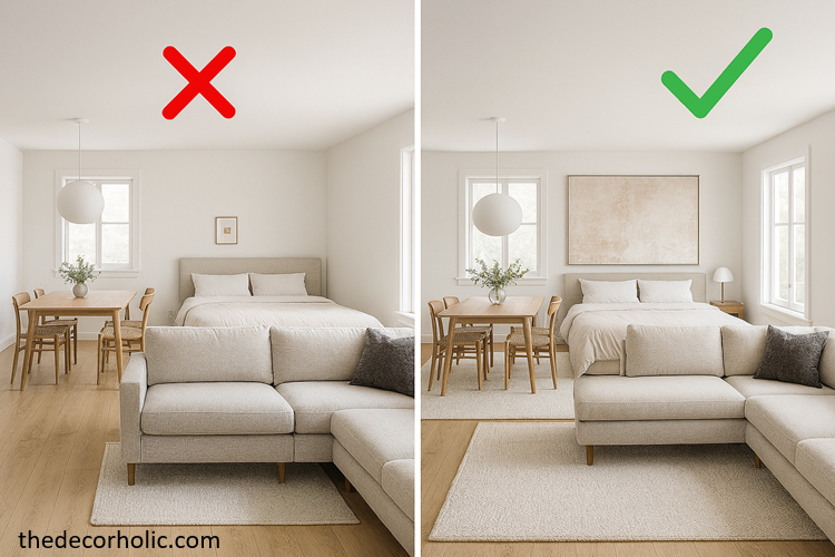 Interior design scale and proportion mistakes versus correct furniture and decor sizing