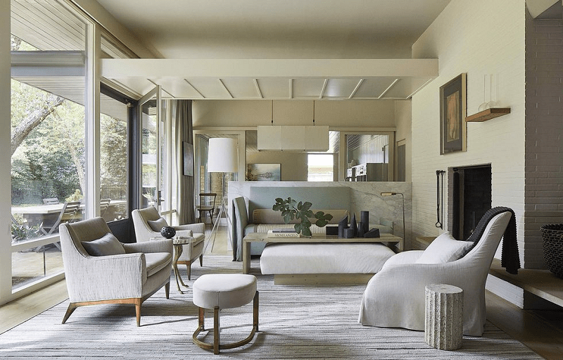 modern open floor plan living room furniture arrange in a floating island layout
