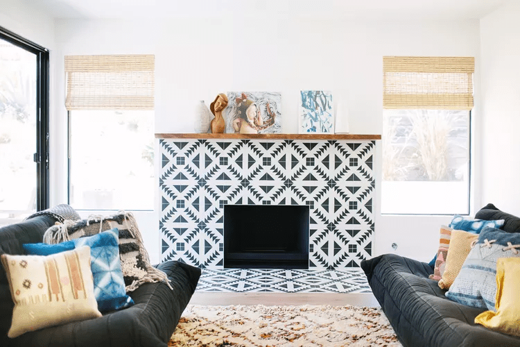 small contemporary living room with a pattern tiles on firepalce for a focal point. 