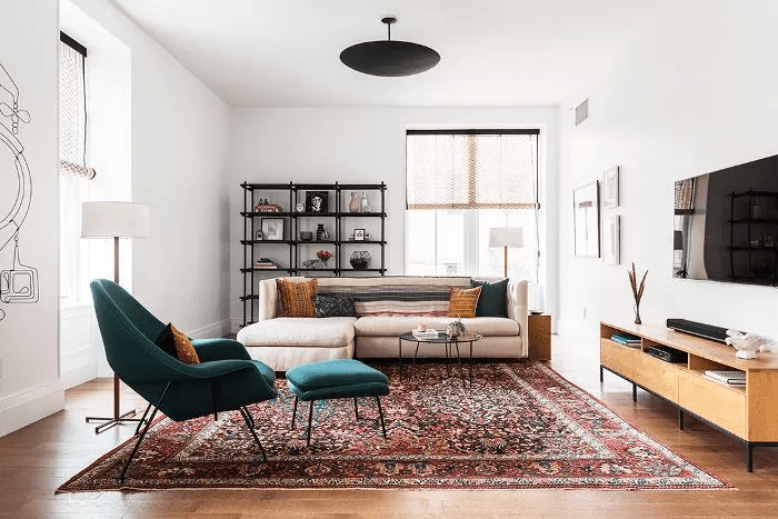 eclectic living room with a viintage style washable area rug mixed with modern furniture pieces