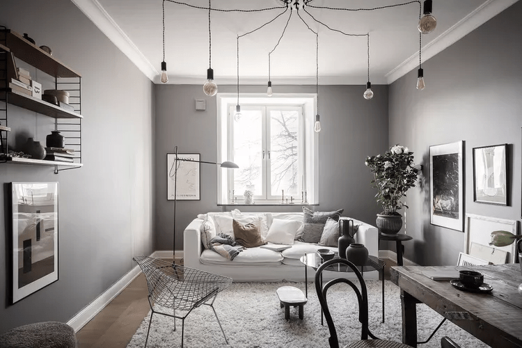 White cloud Scandinavian sofa in a grey Nordic living room