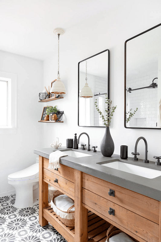 small farmhouse powder room with vanity with open shelves for storage and style