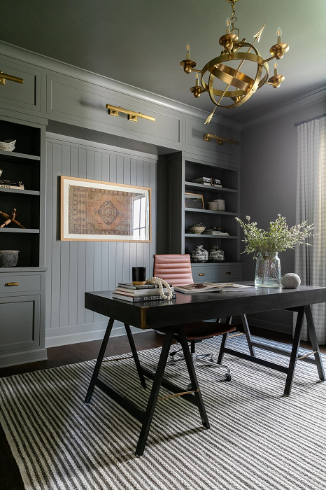 masculine home office with a bold color palette,modern tan leather office chair 