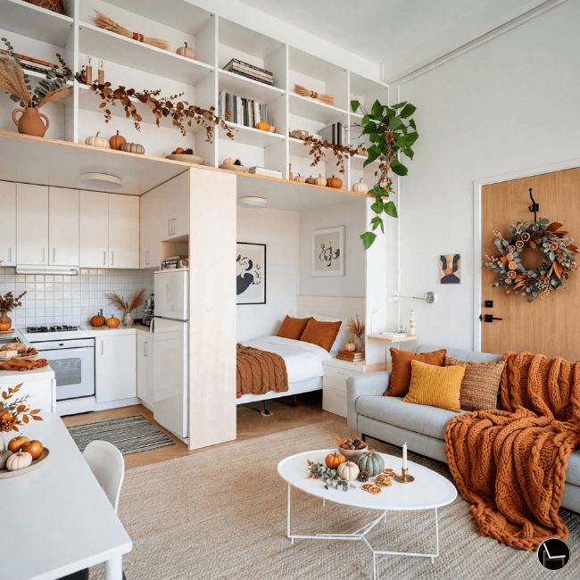 Renter friendly fall decor styled on a budget in a rental apartment