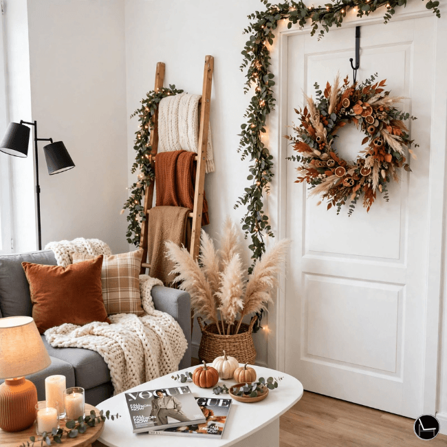Renter friendly fall decor styled living room corner after applying the Layer Lock Glow method