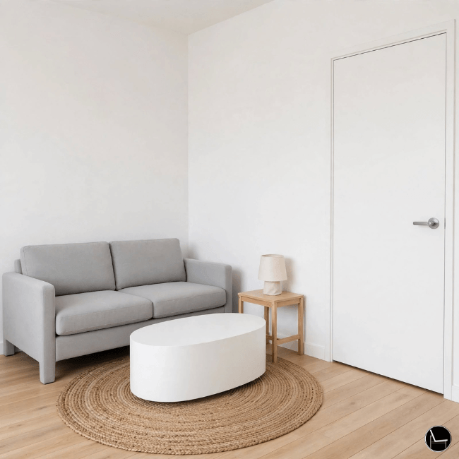 Bare rental living room corner before fall styling
