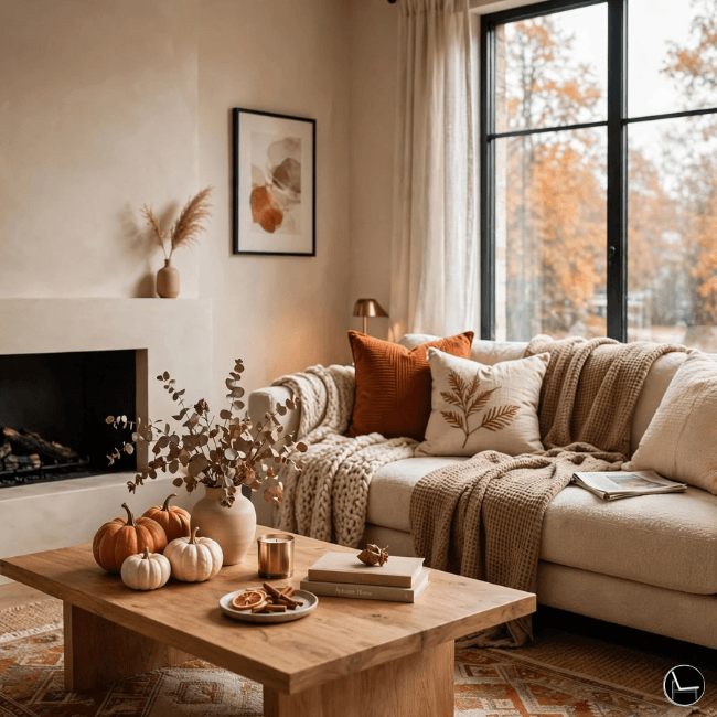 Renter friendly fall decor styled on a small rental living room with a fireplace