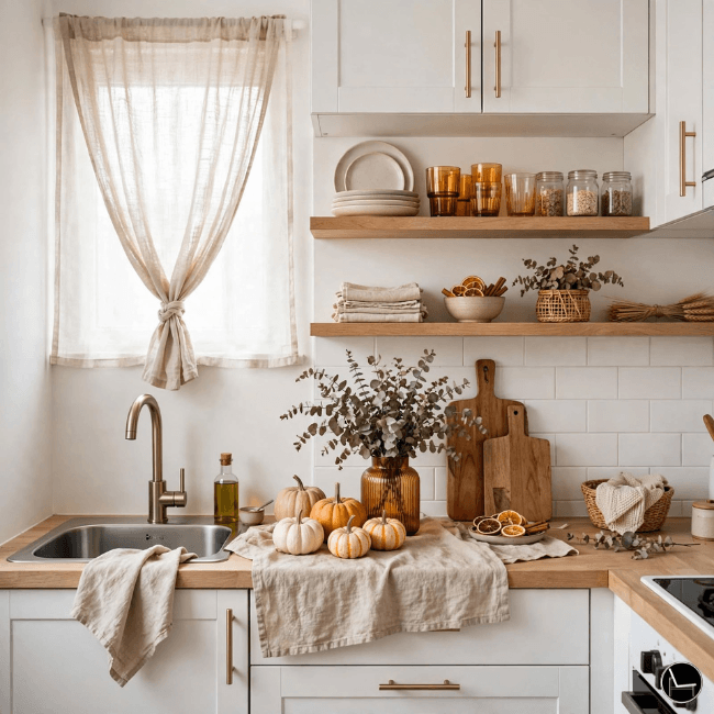 Renter friendly fall decor styled in a small rental kitchen