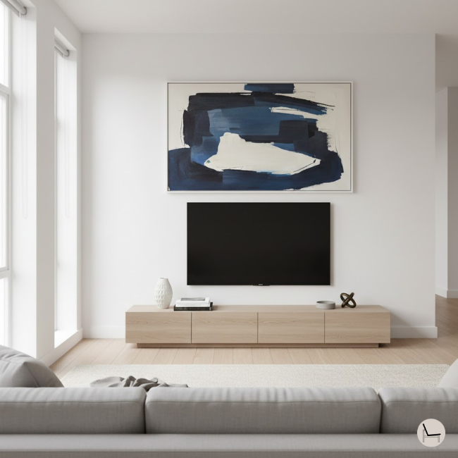 modern living room professionally styled with the focus on the TV and a large piece of wall art above the TV