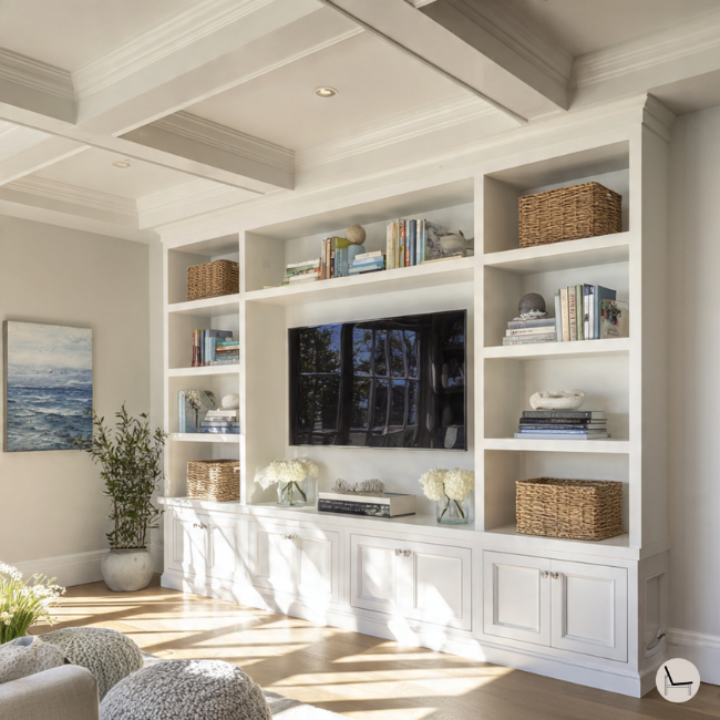 a traditional living room showing how to decorate a TV with built-in bookcases, adding wall art, vases, books and other accessories