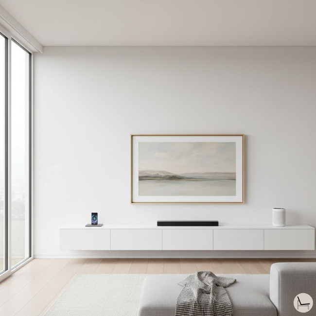 minimalist living room showing how to decorate around a Frame Samsung TV for a stylish look with minimalist decorative items