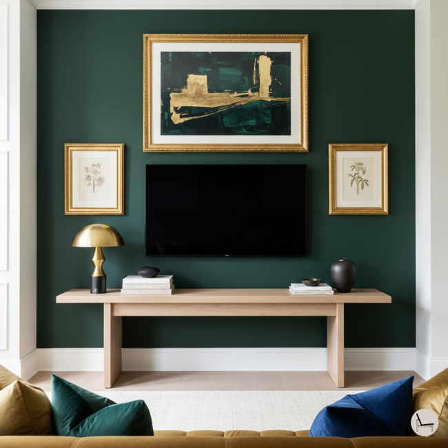 an eclectic bold living room showing to decorate around the TV with a bold dark green accent wall