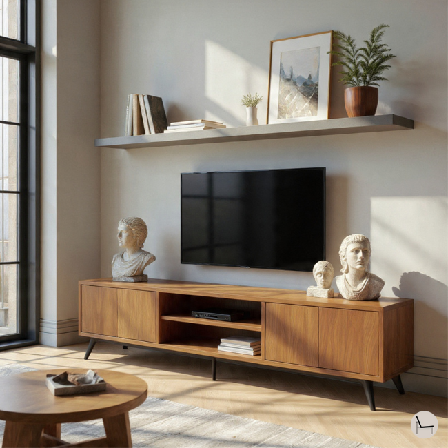 comtemporary living room showing to decorate around the TV with floating shelves, wall art and decorative pieces