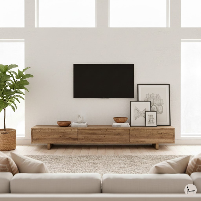 an eclectic living room showing how to decorate a TV in a asymmetrical style with art pieces leaning against the wall next the the TV