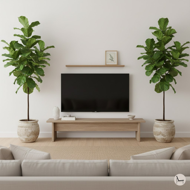 living room showing how to decorate around a TV with large plants and minimal accessories
