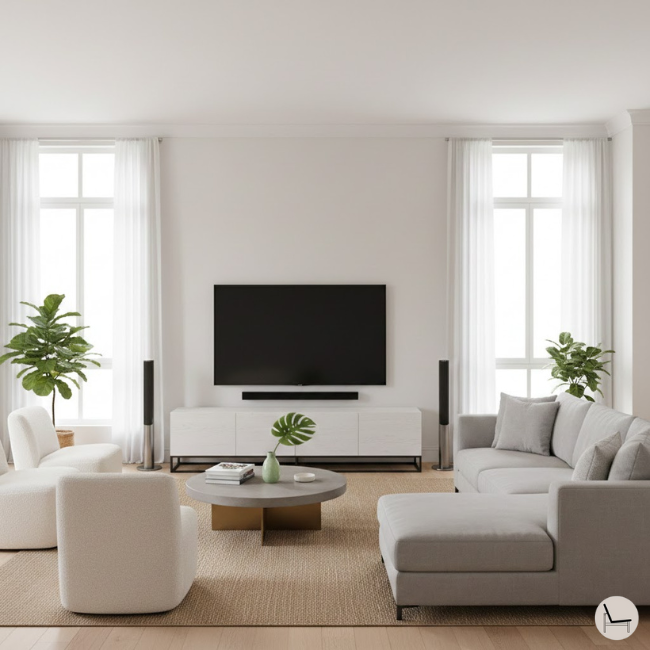a modern living room with professionally styled with the focus on a TV entertaintment center a large TV and a surround system as the focal point