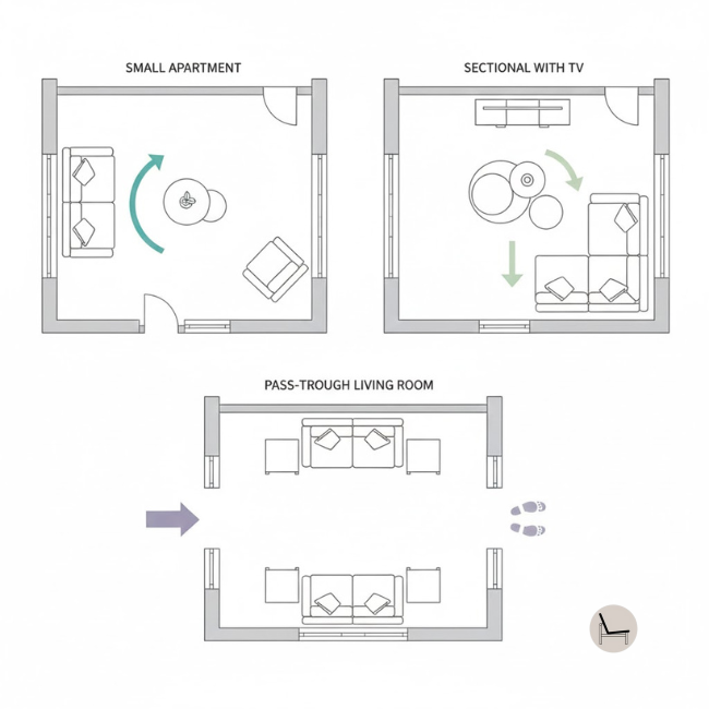 Living room floor plans demonstrating coffee table placement solutions for sectionals, small spaces, and awkward layouts