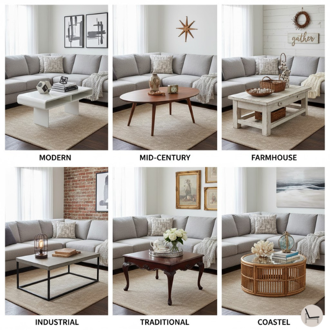 Interior design style guide showing modern vs mid-century vs farmhouse vs industrial vs traditional vs coastal coffee table styling