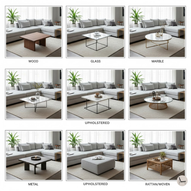 Comparison of coffee table materials including wood, glass, marble, metal, and upholstered options in modern living room