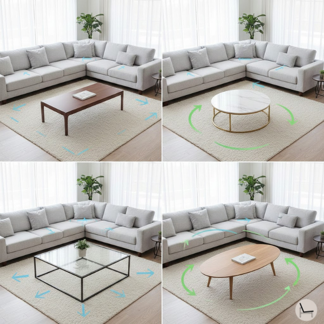 Side-by-side living room comparison demonstrating rectangular vs round vs square vs oval coffee table shapes for how to choose the right coffee table