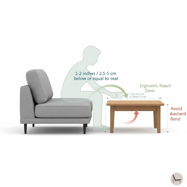Ergonomic diagram showing ideal coffee table height 1-2 inches below sofa seat cushions with proper reach angles