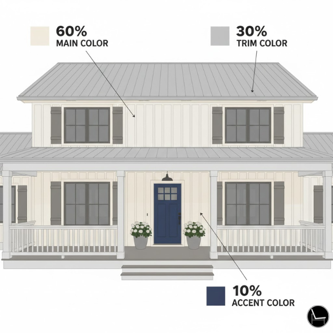 60 30 10 color rule applied to home exterior siding trim and front door color