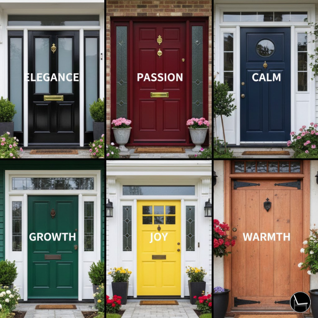 front door color psychology chart showing what each color communicates black navy green red yellow terracotta