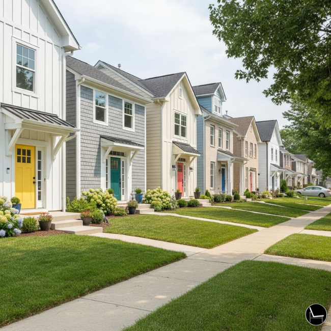 neighborhood street with complementary front door colors showing curb appeal harmony