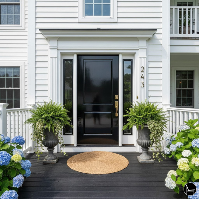 black front door ideas with brass hardware and modern house numbers on white house curb appeal