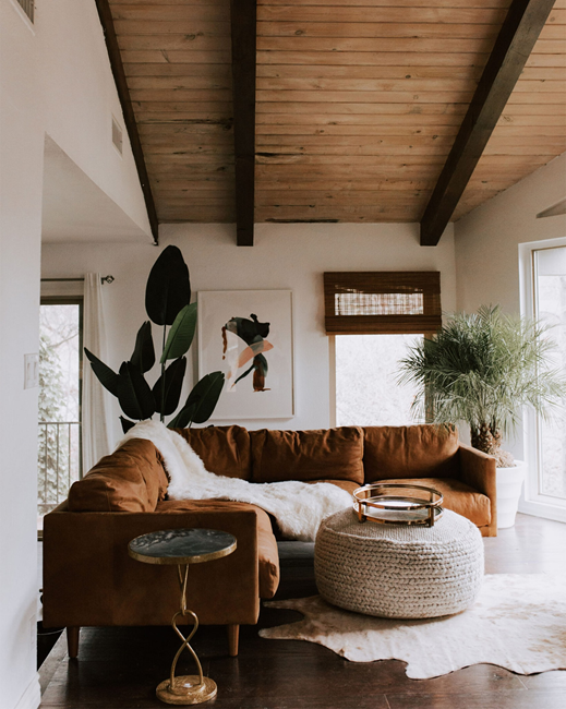 modern living room with l-shape gold sectional using eh 60-30-10 color palette formula