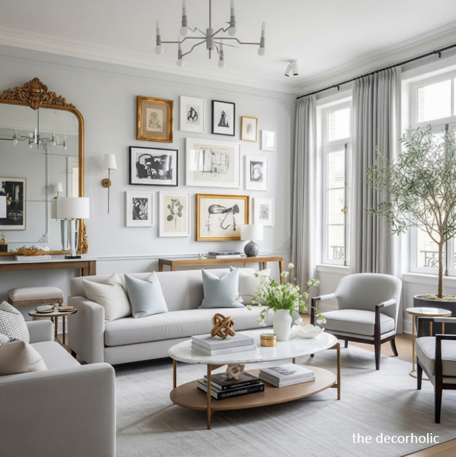tips on how to hang art without nails in a french style living room gallery wall