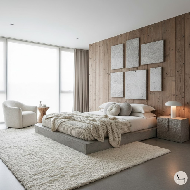 bedroom decor trends for 2026 is textural layering with pairing ultra-soft, organic textures (bouclé, shearling, chunky knits) with hard, mineral surfaces