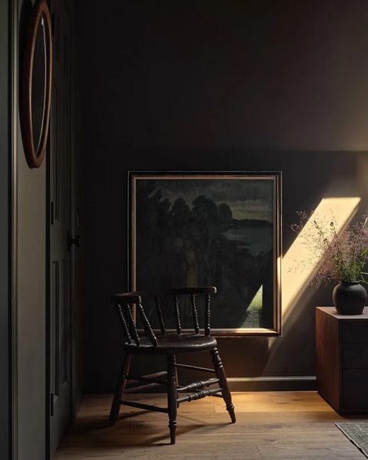 moody living room with a victorian dining chair in a corner with sunling coming into the living room
