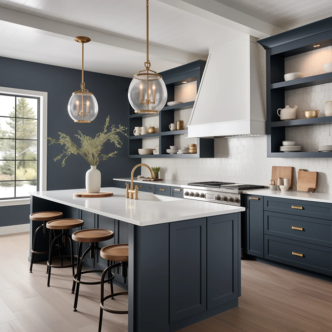 a modern kitchen with organized display storage and shelves